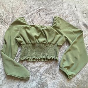 Green Cropped Bell-Sleeve Blouse Top
